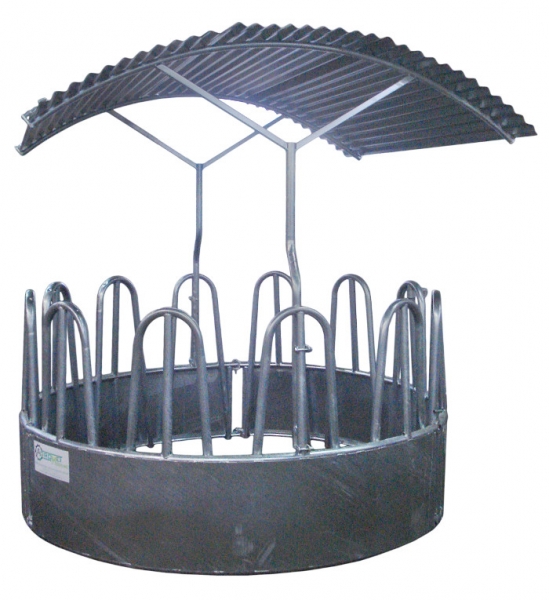 Round feeder for cattle and horses with a roof