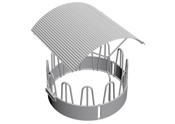 Round feeder for cattle and horses with a roof